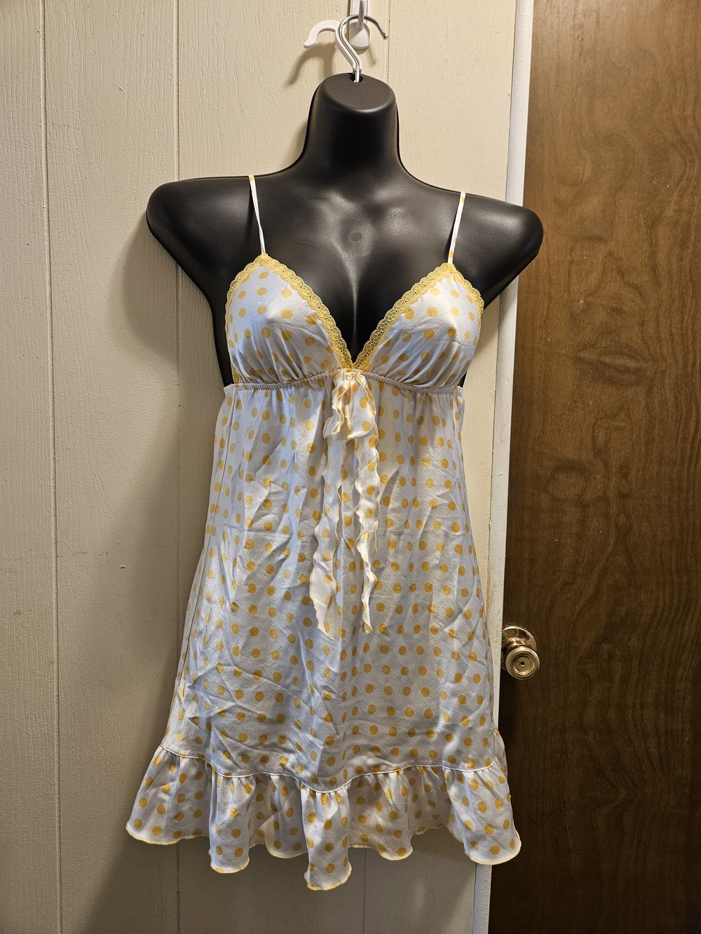 Victoria's Secret White & Yellow Polka Dot Lace-Trim Chemise